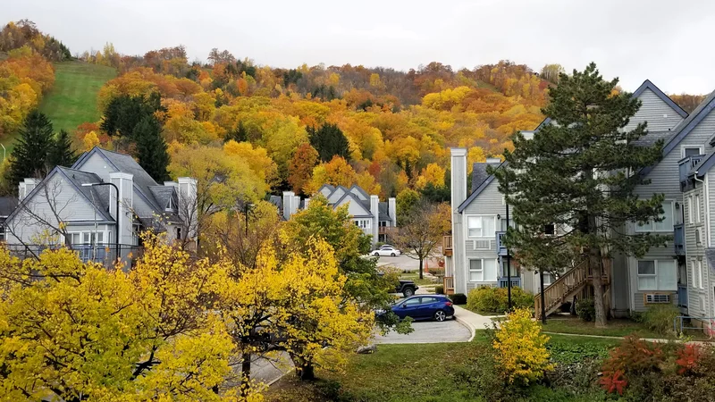 Blue Mountain lodges surrounded by peak fall foliage