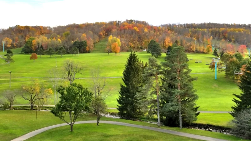 Blue Mountains chairlift surrounded by well-maintained fall colour displays