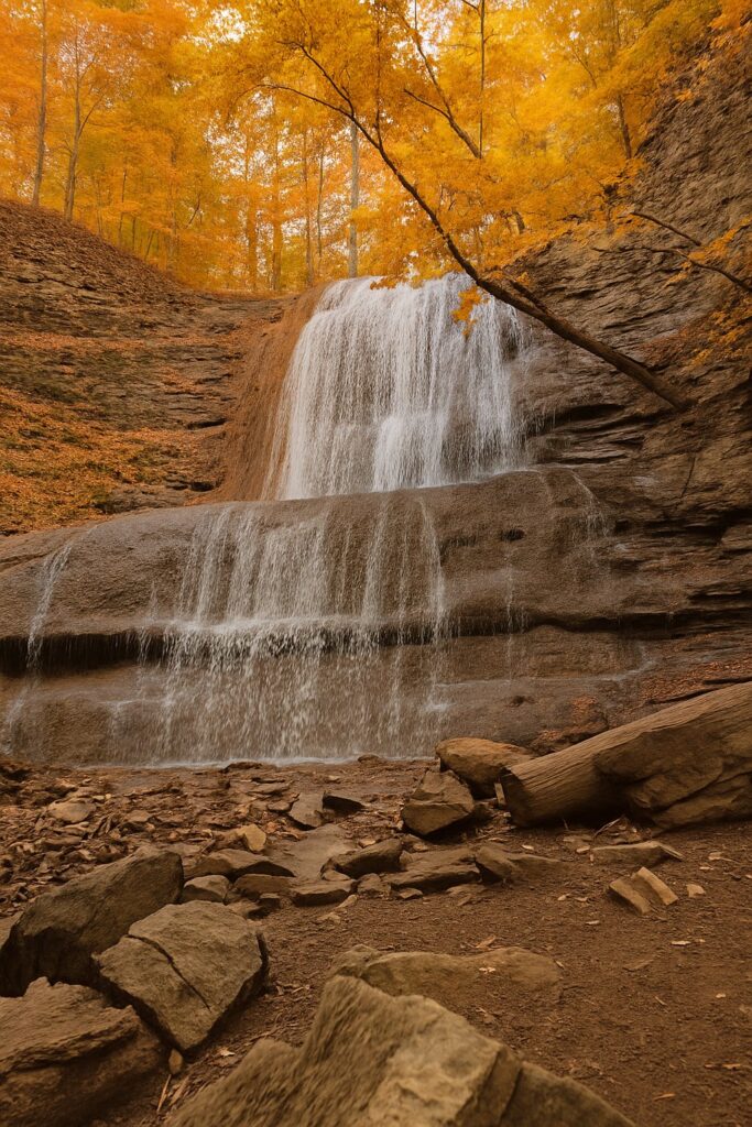 Sherman Falls in Hamilton surrounded by golden autumn leaves cascading down rocky steps.