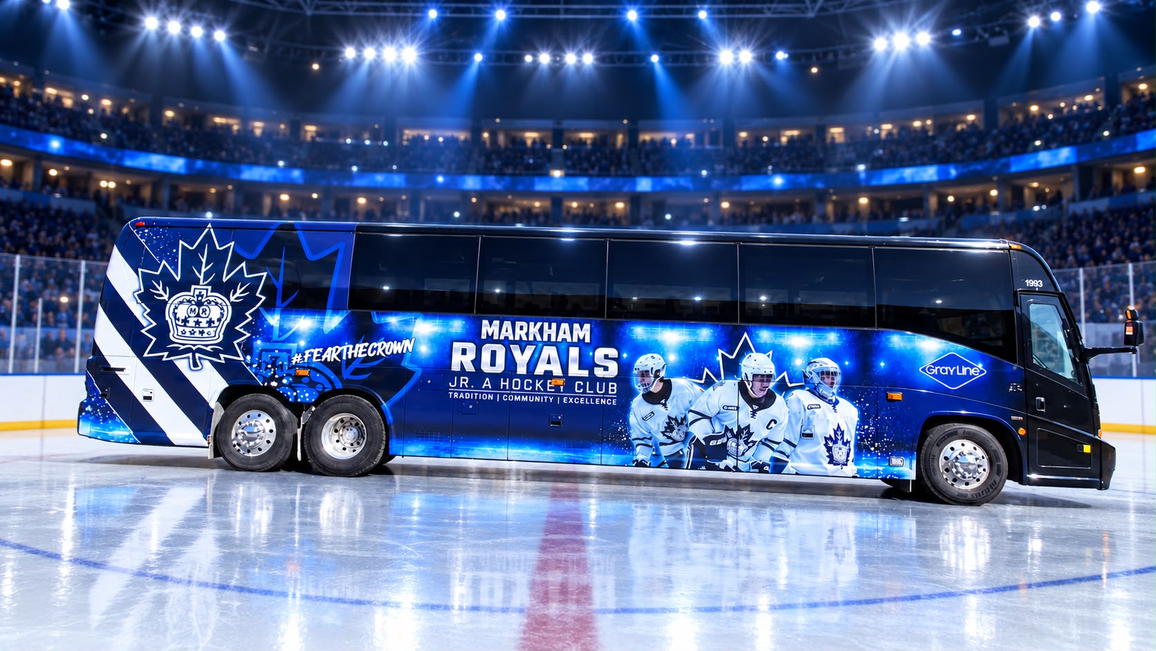 Gray Line Toronto partners with the Markham Royals Jr. A Hockey Club, with a custom-wrapped coach carrying the team in style. #FearTheCrown